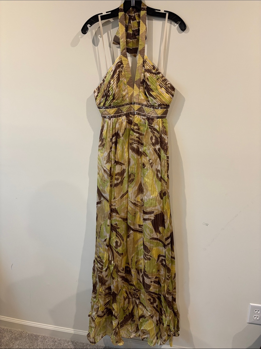 BCBGMaxAzria Green and Brown Halter-Style Printed Maxi Dress
